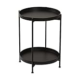 Couchtisch mit 2 Ebenen aus Metall für den Außenbereich, rund, aus Metall, Nachttische, mit abnehmbarem Tablett für Wohnzimmer, Schlafzimmer, Balk