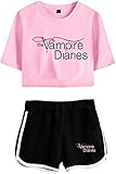 MINIDORA The Vampire Diaries Kurzarm Shorts Anzug T-Shirt für Jungen und Mädchen Tee Kinder Unisex(Rosa/Schwarz,XXL)