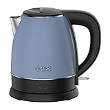 TZS First Austria Edelstahl Wasserkocher, 1,2 L, 2200 W, 20cm Höhe, blau-schwarz, 360° Grad Abstellwinkel, integrierter Kalkfilter, Trockenkochschutz, kab