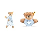 Steiff Schlaf Gut Bär Schmusetuch - 30 cm - Kuscheltuch Teddybär - Schmusetier für Babys - beige/blau (239588) & 239601 Schlaf-gut-Bär Greifring mit Rassel Plüschtier, Mehrfarbig