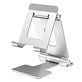 Handy-Ständer, tragbar, faltbar, Winkel, höhenverstellbar, stabiler Aluminium/Metall, iPad-Ständer für den Schreibtisch, silberfarb