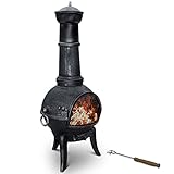 Jago® Terrassenofen mit Funkenschutz - aus Gusseisen, mit Schornstein, Schürhaken, Gittertür, Rustikal, Schwarz, Outdoor - Vintage Gartenofen, Gartenkamin, Holzofen, Terrassenkamin, F