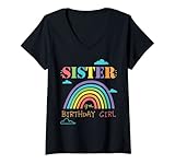 Damen Sister Of The Birthday Girl Rainbow Theme Matching Family T-Shirt mit V