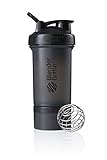 BlenderBottle ProStak Protein Shaker mit BlenderBall mit 2 Container 150ml und 100ml, 1 Pillenfach, optimal für Eiweiß, Diät und Fitness Shakes, skaliert bis 450ml, schwarz (650ml)