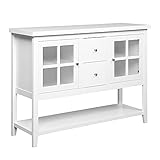 HOMCOM Küchenschrank Sideboard Aufbewahrungsschrank elegant mit Zwei Glastürschränke offenes Regal Zwei Schubladen Anti-Kipp-Design für Esszimmer Wohnzimmer MDF Kiefernholz Weiß 132 x 38 x 89