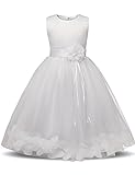 NNJXD Mädchen Tutu Blütenblätter Schleife Brautkleid für Kleinkind Mädchen, Großes Weiß, 5-6 Jahre/ Etikettgröße- 130