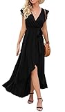 GRECERELLE Damen Sommer Blumendruck Kreuz V Ausschnitt Kleid Bohemian Flowy Lange Maxi Kleider - Schw