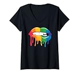 Damen LGBT Regenbogen Kuss Mund Pride Gay CSD Geschenk T-Shirt mit V