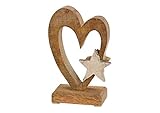 Deko Figur Herz mit Stern 15 cm, Mango Holz massiv natur braun Sternchen Metall Alu silber, Dekoherz Herzaufsteller Herzdeko zum S