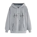 GFGHH Damen Pullover Hoodie V-Ausschnitt Kapuzenpullover Langarm Sweatshirt mit Kapuze Lose Casual Oberteil Tops Lässiger Herbst Winter Basic Langarmshirt Frau Tunika Bluse Oberteile Liebesdruck Top