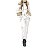 Ronony Damen Einteiliger Skioverall Winter Warme Schnee Skifahren Sätze Outdoor Jumpsuit Langer Overall mit Kapuze Reißverschluss Skianzüge wasserdicht Schneeanzug