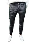 Jewelly Damen Stretch Fake Leather Kunstleder Hose Boyfriend Cut mit offener Knopfleiste schwarz XS
