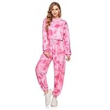 Sylanfia Trainingsanzug Set für Damen, 2-teilig Batik Sportbekleidung, Damen Sommer Sportanzug, lange Ärmel, Sweatshirt Kurzes T-Shirt und Jogginghose Loungewear, Rosa, M