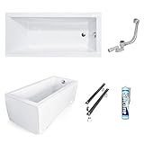 ECOLAM Badewanne Wanne Rechteck Modern Design Acryl weiß 140x70 cm + Schürze Ablaufgarnitur Ab- und Überlauf Automatik Füße Silikon Komplett-S