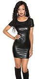 krautwear Damen Kleid Minikleid Kurzarm Kleid Wetlook Lederoptik Reißverschluss 34/36/38 (Kurzarm)