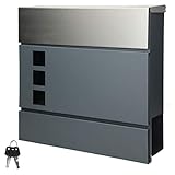 ECD Germany Moderner Design Briefkasten mit Zeitungsfach 37 x 10,5 x 36,5 cm Edelstahl Anthrazit/Silber Sichtfenster 2 Schlüssel und Montagematerial - Wandbriefkasten Postkasten Mailbox Zeitung