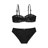Damen Spitze Sexy Dessous Set Durchsichtig 1/2 Cup Bh HöSchen Outfits Einfarbig Sex Frech Spielen UnterwäSche Sets (75C,Schwarz)