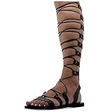 38 Schwarz Emmanuela Knieshohe Ledersandalen im antiken griechischen Stil, handgefertigte flache Gladiator sandalen mit offenen Zehen, hochwertige Sommerschuhe zum Binden für F