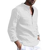 Yowablo Herren Hemd Leinenhemd Langarm Freizeithemd Sommerhemd Regular Fit Stehkragen Einfarbig Hemd Langarm Button Retro (3XL,Weiß)