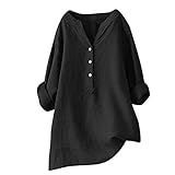 iHENGH Damen Sommer Top Bluse Bequem Lässig Mode T-Shirt Blusen Frauen Solide Stehkragen Langarm Shirt Beiläufige Lose Bluse Button Down Tops(Schwarz, 5XL)