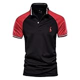 LSSM Naht Poloshirt Baumwolle Kurzarm T-Shirt Herren Bestickte RaglanäRmel Rot S