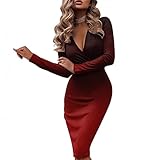 Kostüm für Damen, sexy Midi-Langkleid mit tiefem V-Ausschnitt, langärmelig, für Büro, Arbeit, Bleistiftkleid, Farbverlauf, Abendkleid, Partykleid, Clubwear, Damenbekleidung, rot, M
