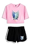 AMOMA Damen Mädchen Anime Attack on Titan Cosplay Kurze T-Shirt und Kurze Hose Zweiteiler Baumwolle Trainingsanzug(M,Scouting-Pink-Black)