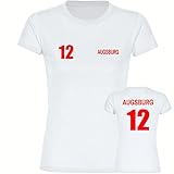 VIMAVERTRIEB® Damen T-Shirt Augsburg - Trikot Nr. 12 - Druck:rot - Shirt Frauen Fußball Fanartikel Fanshop - Größe:XL weiß