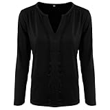 NIUYAN T-Shirt für Damen, langärmelig, Retro-Patchwork-Spitze, V-Ausschnitt, lockere T-Shirts Damen Blusen Hemd V-Ausschnitt Spitze Shirt Tunika Elegant Chiffon Tops Sommer Oberteil Bluse Shirt Top