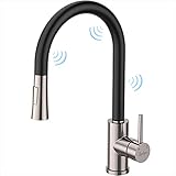Synlyn Touch Sensor Wasserhahn Küche Ausziehbar Küchenarmatur mit Brause 360° Drehbar Küche Mischbatterie Schwarz & Edelstahl Gebürstet Einhebel-Spültischarmatur Hochdruck Küche Spültischb