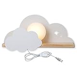 Kinderzimmer Wandleuchte mit Schalter und Stecker E27 Weiß Kinder Nachtlampe Kreative Wolkenform Holz Innen Wandlampe Rund Lampenschirm Deko Wandbeleuchtung Madchen Junge Schlafzimmer Wandspot Lamp