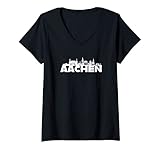 Damen Aachen Westfalen City Skyline Silhouette Deutschland T-Shirt mit V
