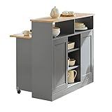 SoBuy FSB36-HG Sideboard mit Schiebetüren Kücheninsel mit erweiterbarer Arbeitsfläche Küchenschrank Highborad Kommode Schrank hellgrau BHT ca: 110x97x68