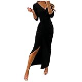 Lishirong Feiertagskleider für Frauen Sommer Strand Hohes Schlitzkleid Langarm Tiefer V-Ausschnitt Twisted Hip Wickelkleid Sommerk