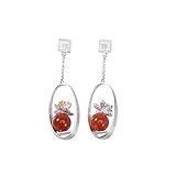 THTHT Vintage S Lange Ohrringe 925 Sterling Silber Frauen Rote Runde Wulst Lotus Milchglas Fenster Charme Im Chinesischen Stil Elegant Temperament High-End Temperament Geschenk