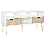HOMCOM Fernsehtisch Fernsehschrank für TV bis zu 50' mit 2 Schublade TV-Board Spanplatte Massivholzbeine Weiß+Eiche 117 x 39 x 57