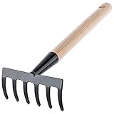 KADAX Kleine Harke aus Metall, Rechen mit Stiel aus Holz, Laubbesen, Laubrechen, Rasenrechen für Garten, Gartenharke, Handrechen, Kleinfächerbesen (6 Zinken)