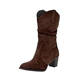 Damen Retro-Stiefel mit breitem Wadenbereich, einfarbig, Wildleder, Patchwork, spitzer Zehenbereich, Blockabsatz, Herbst, Winter, leger, Wandern, Reiten, Cowboy-Schuhe, braun, 39.5 EU