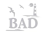 GRAZDesign Fenstertattoo Bad mit Leuchtturm Möwen, Fensterfolie Badezimmer, Glastattoo, Fensterbilder maritim / 36x30