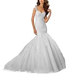 HUINI Brautkleider Hochzeitskleider Meerjungfrau mit Spitze Hochzeit Mermaid Kleid Partykleider Tüll Herzausschnitt Rückenfrei Weiß 38