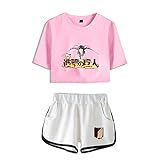 GUGU Sommermode Sexy Rosa T-Shirt Sport Shorts Anzug, Attack On Titan Anime Mädchen T-Shirt Damen Shorts Anzug