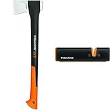Fiskars Spaltaxt, Inklusive Klingen- und Transportschutz,: 60 cm, Antihaftbeschichtet, 1,53 kg & Axt- und Messerschärfer, Keramik- Schleifkopf/Gehäuse aus glasfaserverstärk