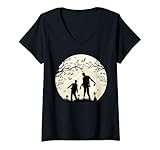 Damen Zombie Mond Fledermäuse Gräber Gespenster Halloween Shirts T-Shirt mit V