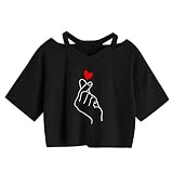 YEBIRAL Damen Crop Top, Teenager Mädchen Brief Drucken Bauchfrei Oberteil Pullover Kurzarm T-Shirt Sweatshirt Kurz Sport Rundhals Tops Shirt Hemd B