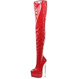 Frauen 22cm Stilettos Oberschenkelhohe Plateaustiefel Gold Metallabsatz Sexy Fetisch High Heels Overknee Party Stiefel Größe 36-46,Rot,38 EU