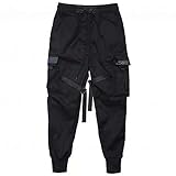 Multi Pockets Straps Knöchelgebundene Cargohose Schwarze Hip Hop Cargohose Herren Streetwear Mode Kordelzug Lange Hose Kleidung-Schwarz_L