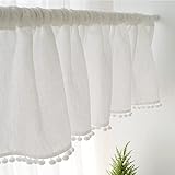WDSWBEH Rustikaler Leinen-Volant für Küche, Wohnzimmer, Café, weißer Bauernhaus-Stab-Taschen-Vorhang-Volant-Fensterbehandlungen mit Kleiner Kugel, 1 Panel, 132 * 45