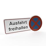 Betriebsausstattung24® Hinweissschild 'Ausfahrt freihalten' | Aluminium- Verbundplatte (BxH): 30,0 x 13,0 cm | Befestigungsart: Zum Verkleben oder Verschrauben | Haltverbot Symbol | Parkgeb