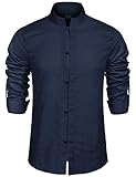COOFANDY Herren Hemd Leinenhemd Regular Fit Langarm Stehkragen Hemd Elegant Herren Freizeithemd für Männer Navyblau L
