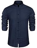 COOFANDY Herren Hemd Leinenhemd Regular Fit Langarm Stehkragen Hemd Elegant Herren Freizeithemd für Männer Navyblau L